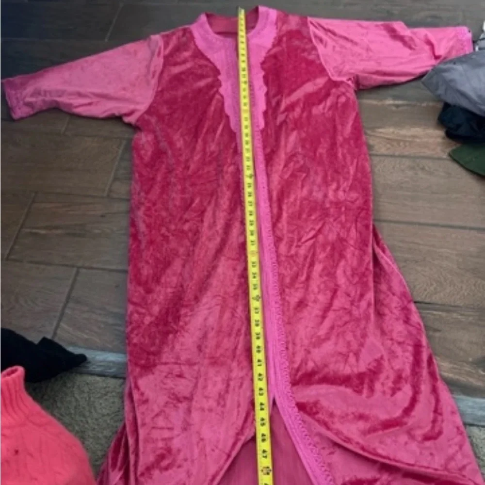 Long Pink Velvet Robe with Trim